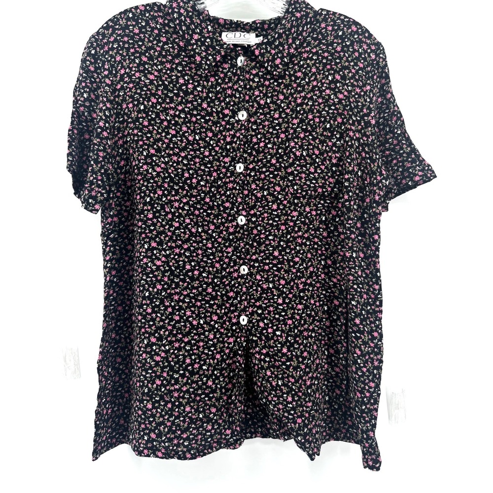 CDC Caren Desiree Company Black Pink Ditsy Floral Rayon Button Down Blouse Sz 10